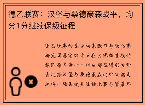 德乙联赛：汉堡与桑德豪森战平，均分1分继续保级征程